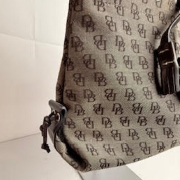 Dooney & Bourke Logo Canvas Satchel Brown Monogram, Leather Handles with Tassel - Picture 5 of 10